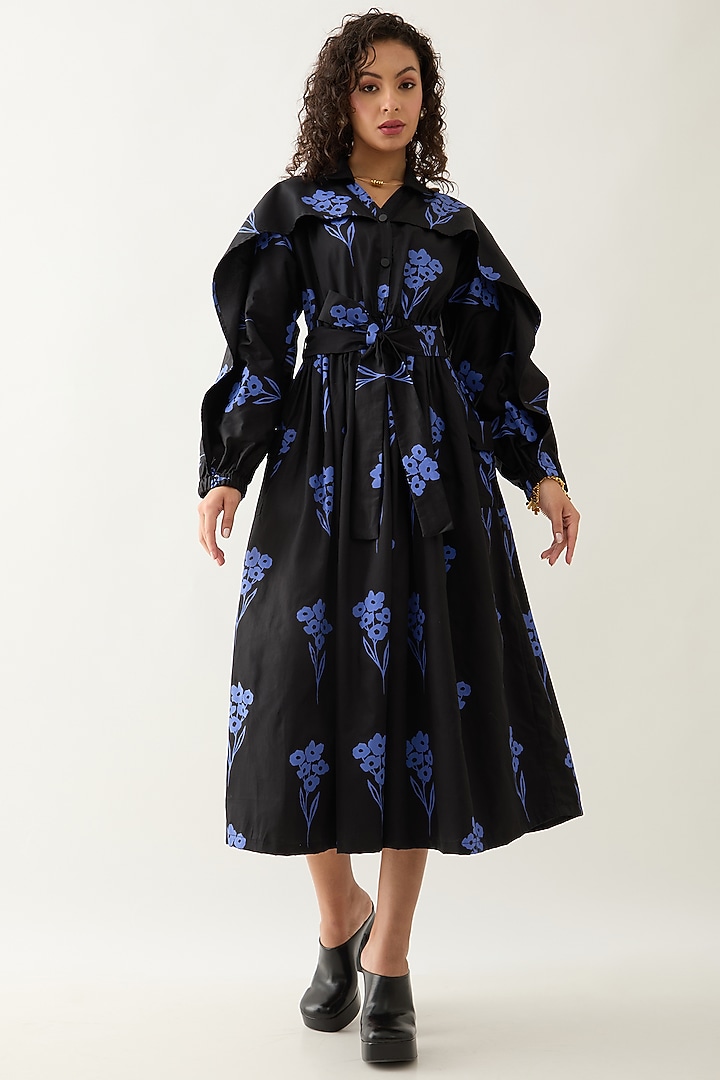 Black & Blue Cotton Satin Printed Ruffled Midi Vacation Dress by SNOB at Pernia's Pop Up Shop