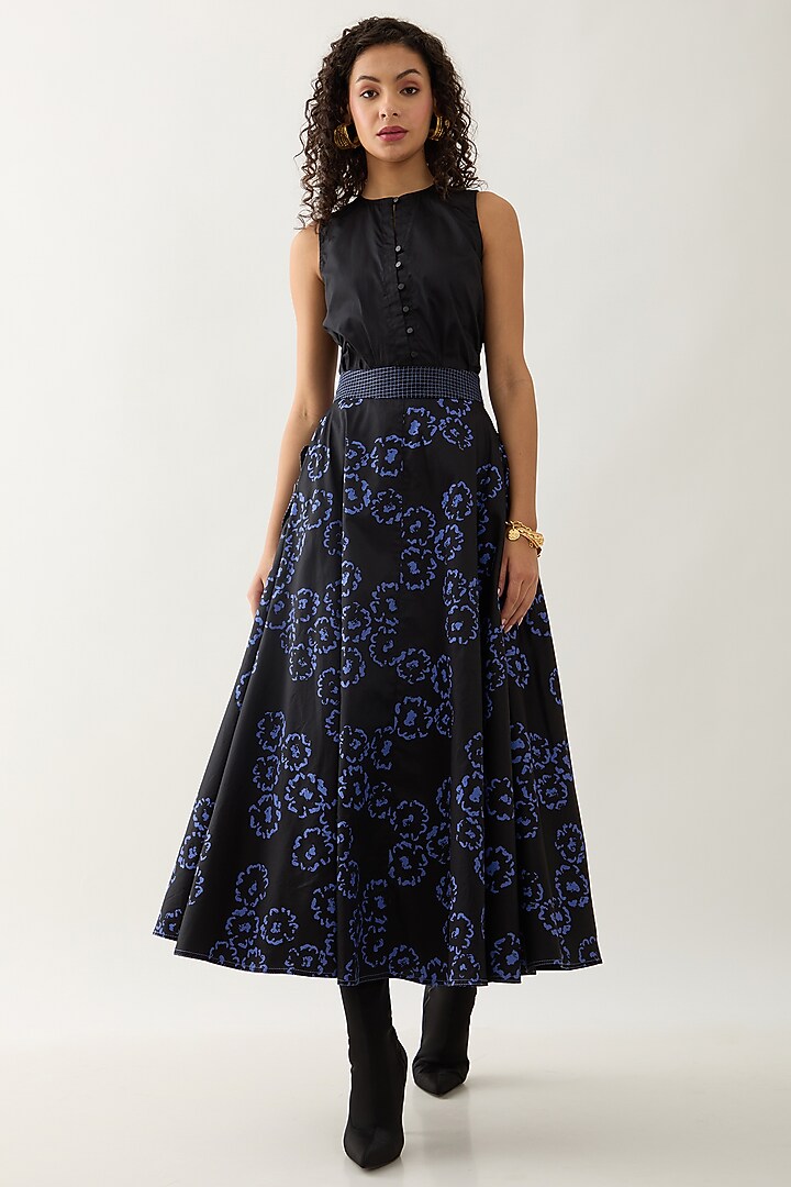 Black & Blue Cotton Satin Printed Midi Skirt by SNOB at Pernia's Pop Up Shop
