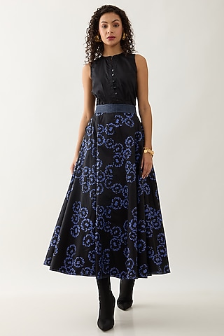 Black & Blue Cotton Satin Printed Midi Skirt by SNOB
