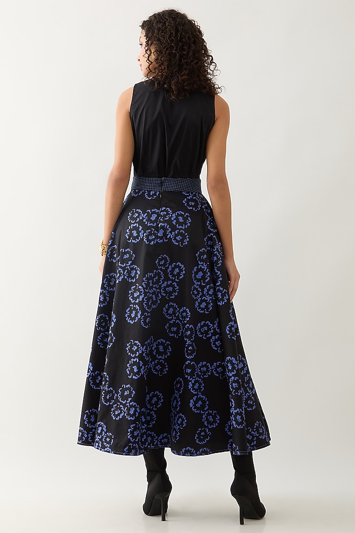 Black & Blue Cotton Satin Printed Midi Skirt by SNOB at Pernia's Pop Up Shop