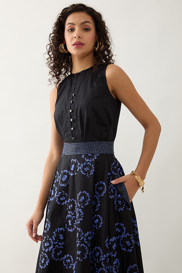 Black & Blue Cotton Satin Printed Midi Skirt by SNOB at Pernia's Pop Up Shop