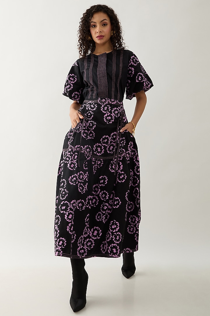 Black Cotton Satin Printed Co-Ord Set by SNOB at Pernia's Pop Up Shop