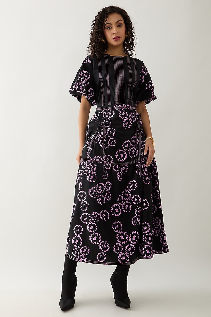 Black Cotton Satin Printed Ruched Midi Skirt by SNOB at Pernia's Pop Up Shop