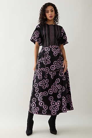 Black Cotton Satin Printed Ruched Midi Skirt by SNOB