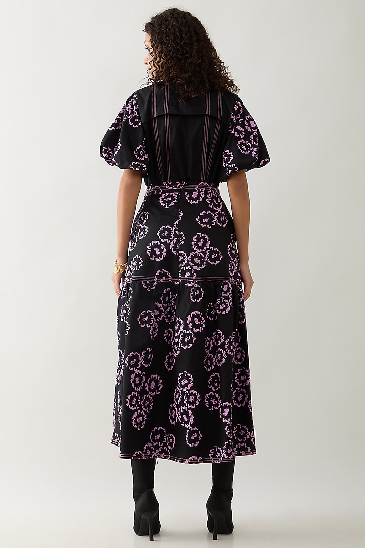 Black Cotton Satin Printed Ruched Midi Skirt by SNOB at Pernia's Pop Up Shop