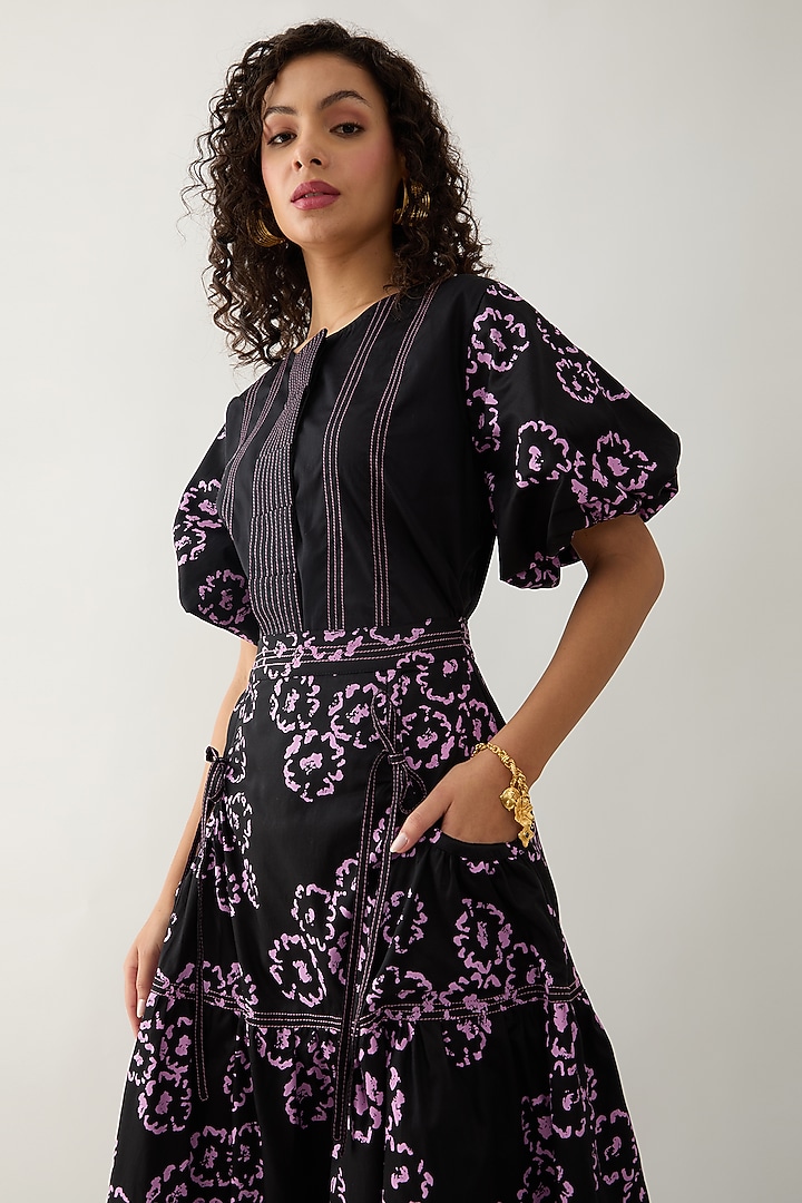 Black Cotton Satin Printed Ruched Midi Skirt by SNOB at Pernia's Pop Up Shop