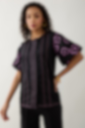 Black Cotton Satin Printed Shirt by SNOB at Pernia's Pop Up Shop