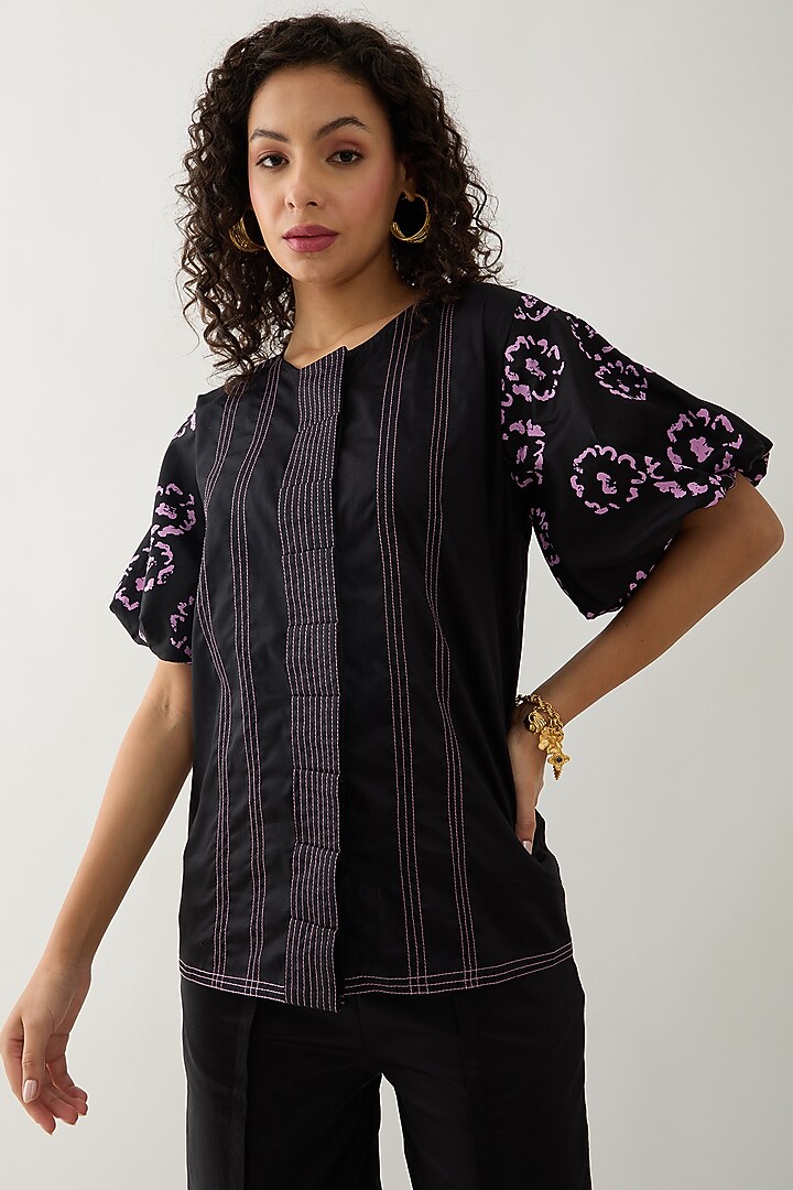 Black Cotton Satin Printed Shirt by SNOB at Pernia's Pop Up Shop