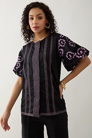 Black Cotton Satin Printed Shirt by SNOB