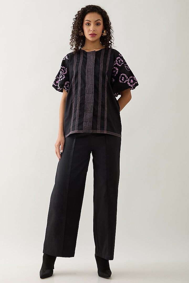 Black Cotton Satin Printed Shirt by SNOB at Pernia's Pop Up Shop