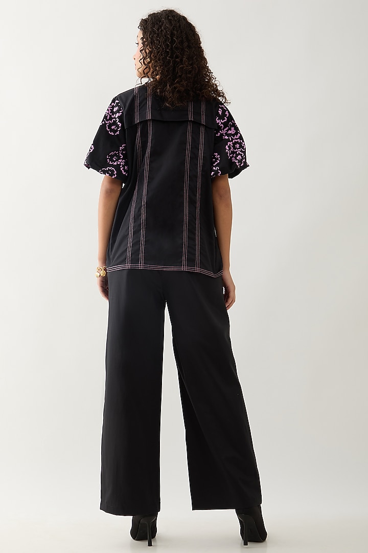 Black Cotton Satin Printed Shirt by SNOB at Pernia's Pop Up Shop