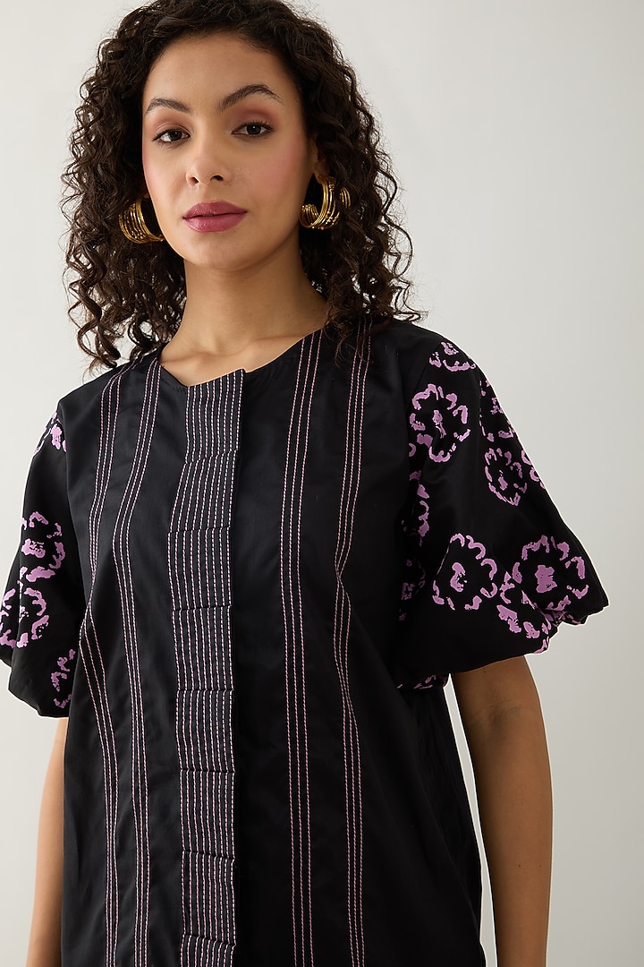 Black Cotton Satin Printed Shirt by SNOB at Pernia's Pop Up Shop