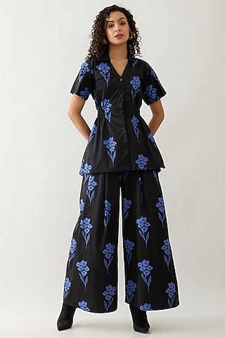 Black & Blue Cotton Satin Printed Co-Ord Set by SNOB