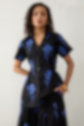 Black & Blue Cotton Satin Printed Shirt by SNOB at Pernia's Pop Up Shop