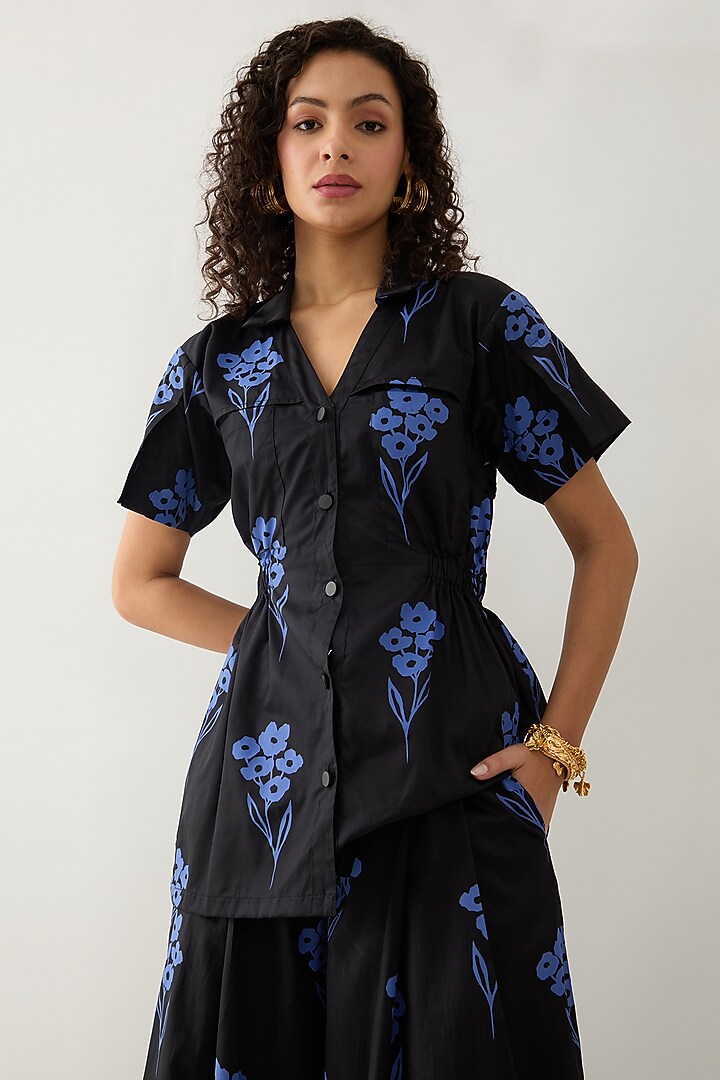 Black & Blue Cotton Satin Printed Shirt by SNOB at Pernia's Pop Up Shop