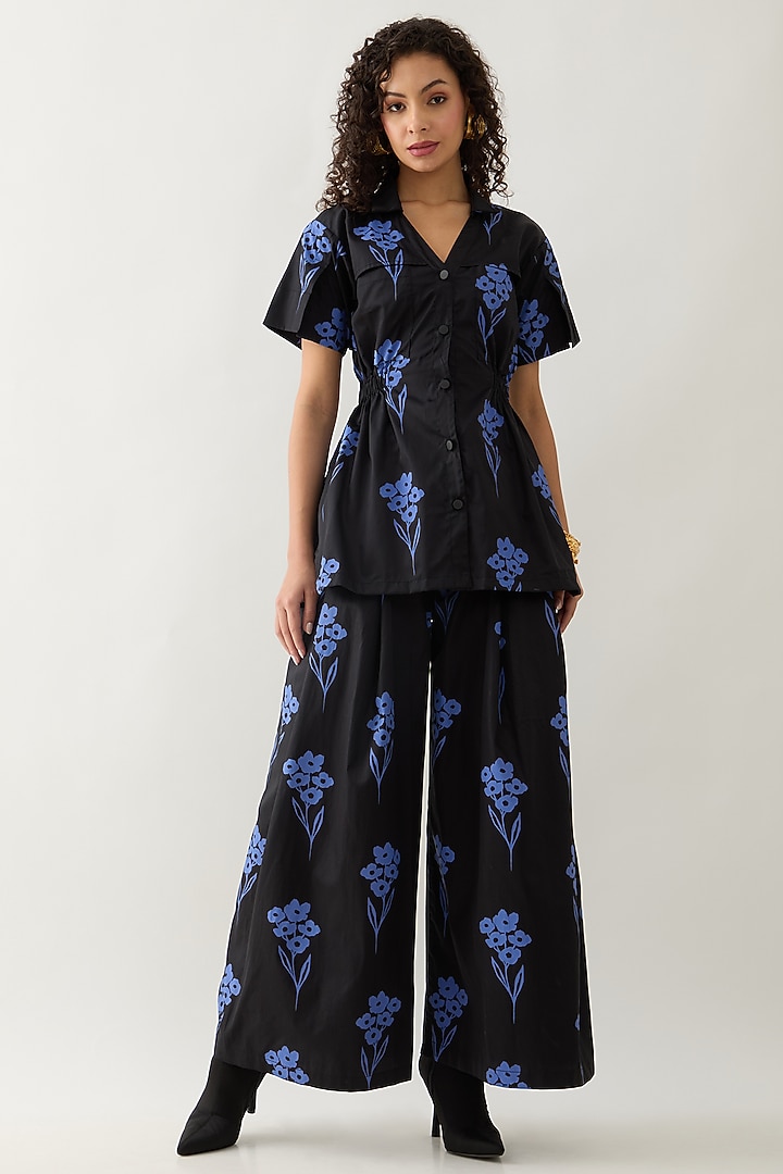 Black & Blue Cotton Satin Printed Shirt by SNOB at Pernia's Pop Up Shop
