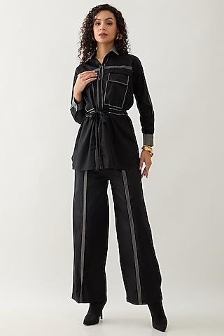 Black Cotton Satin Co-Ord Set by SNOB