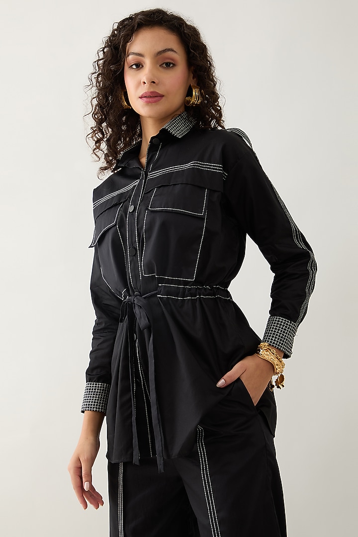 Black Cotton Satin Shirt by SNOB at Pernia's Pop Up Shop