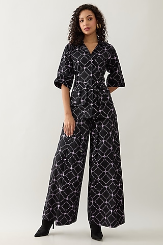 Black Cotton Satin Printed Co-Ord Set by SNOB