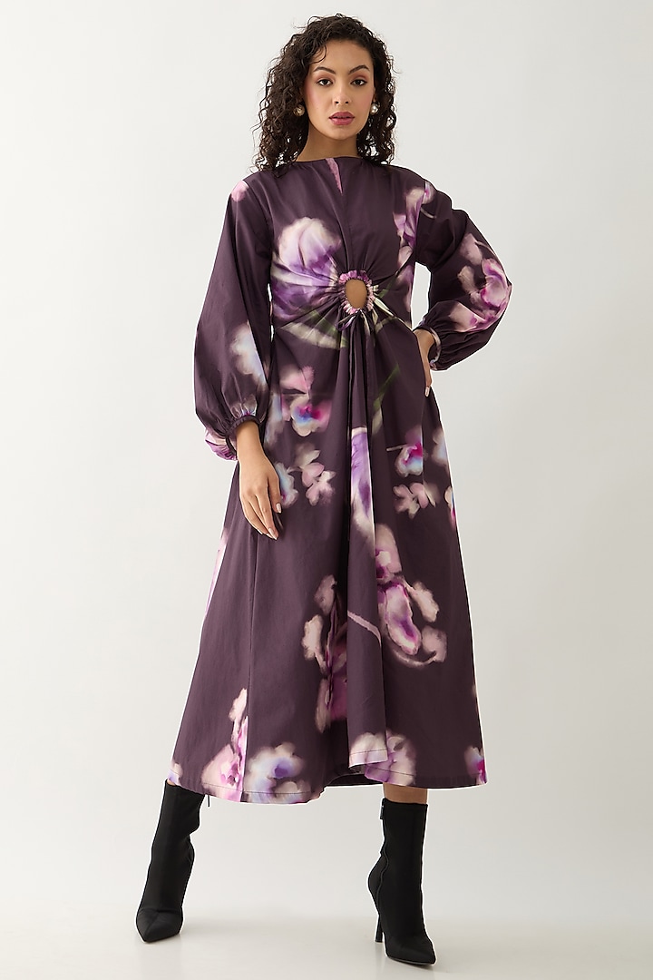 Haze Purple Cotton Satin Printed Midi Vacation Dress by SNOB at Pernia's Pop Up Shop