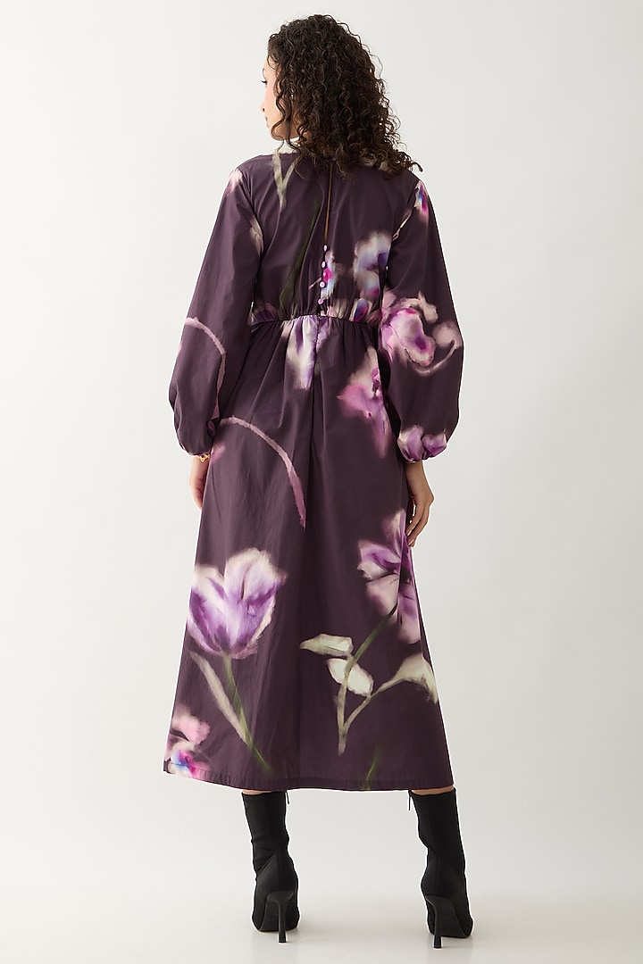 Haze Purple Cotton Satin Printed Midi Vacation Dress by SNOB at Pernia's Pop Up Shop