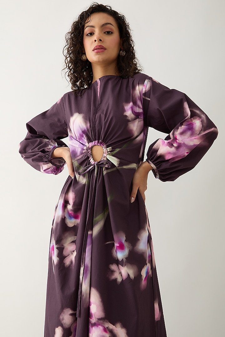 Haze Purple Cotton Satin Printed Midi Vacation Dress by SNOB at Pernia's Pop Up Shop