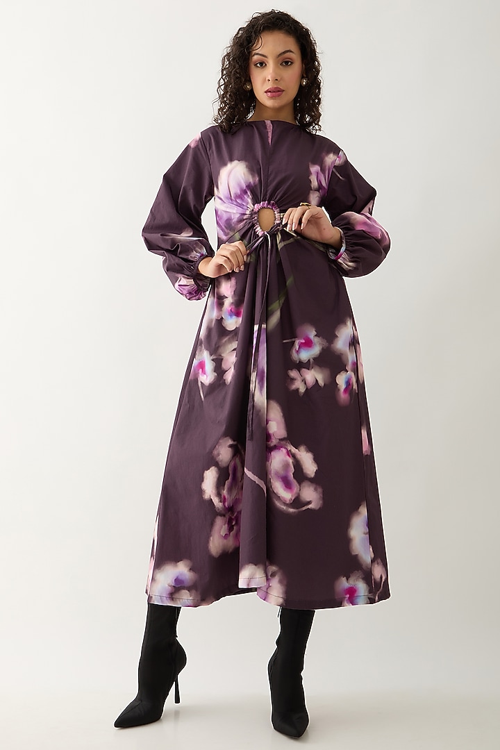 Haze Purple Cotton Satin Printed Midi Vacation Dress by SNOB at Pernia's Pop Up Shop
