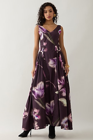 Haze Purple Cotton Satin Printed Maxi Dress by SNOB