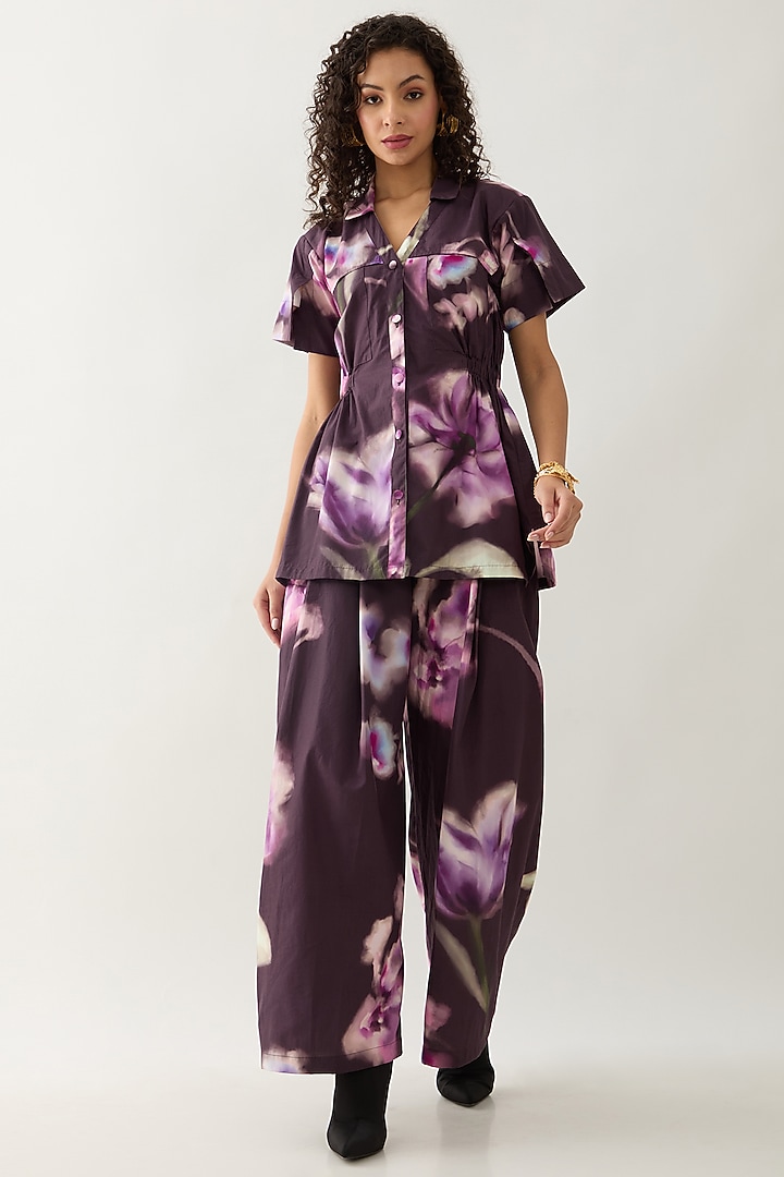Haze Purple Cotton Satin Printed Co-Ord Set by SNOB at Pernia's Pop Up Shop