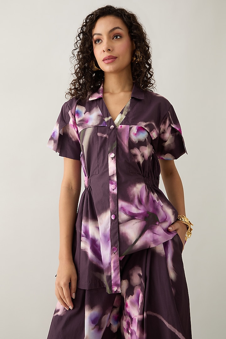 Haze Purple Cotton Satin Printed Co-Ord Set by SNOB at Pernia's Pop Up Shop