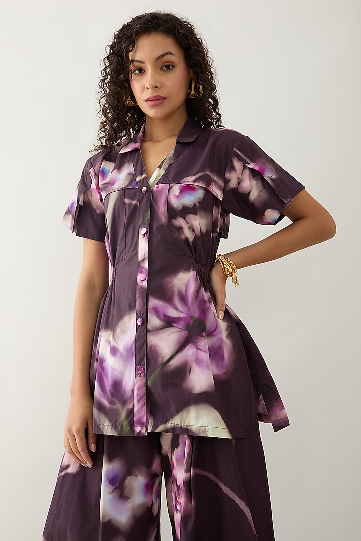 Haze Purple Cotton Satin Printed Co-Ord Set by SNOB at Pernia's Pop Up Shop