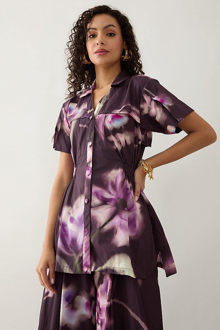 Haze Purple Cotton Satin Printed Shirt by SNOB at Pernia's Pop Up Shop
