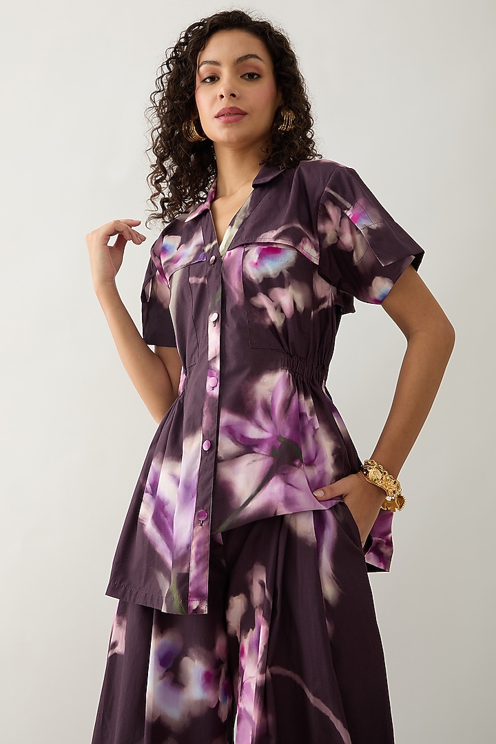 Haze Purple Cotton Satin Printed Shirt by SNOB at Pernia's Pop Up Shop