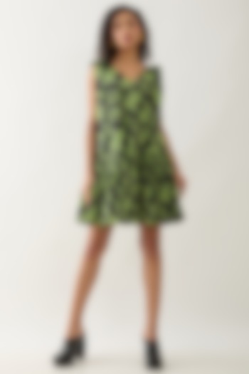 Glow Green & Black Cotton Satin Printed Mini Summer Dress by SNOB at Pernia's Pop Up Shop