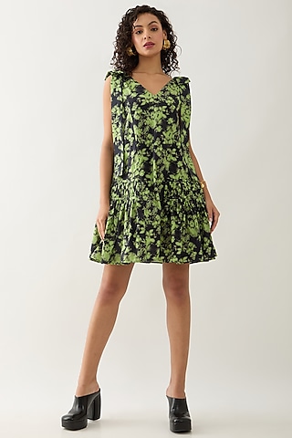 Glow Green & Black Cotton Satin Printed Mini Dress by SNOB