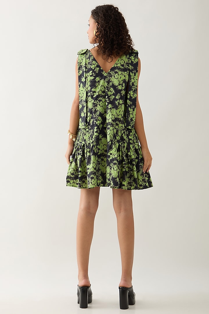 Glow Green & Black Cotton Satin Printed Mini Summer Dress by SNOB at Pernia's Pop Up Shop