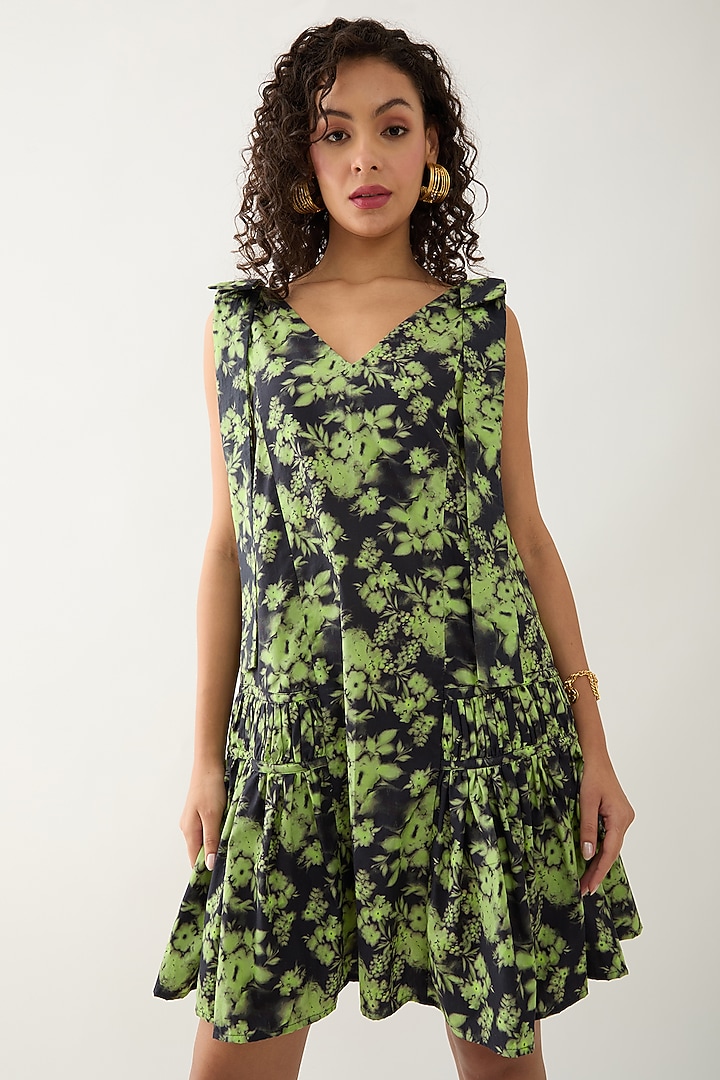 Glow Green & Black Cotton Satin Printed Mini Summer Dress by SNOB at Pernia's Pop Up Shop