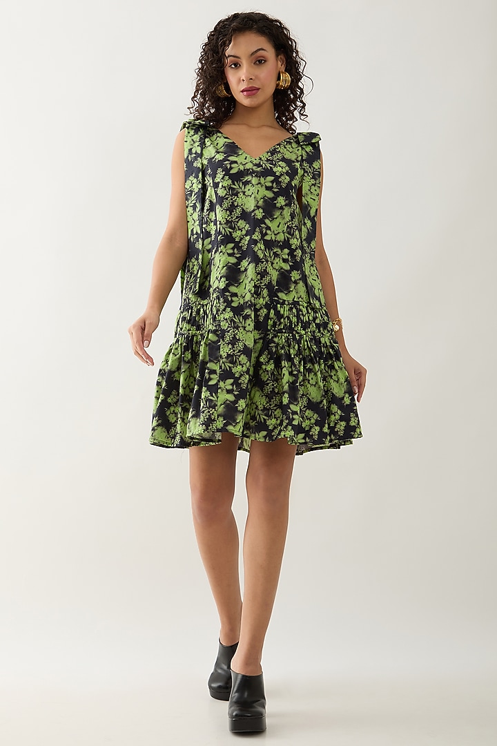 Glow Green & Black Cotton Satin Printed Mini Summer Dress by SNOB at Pernia's Pop Up Shop