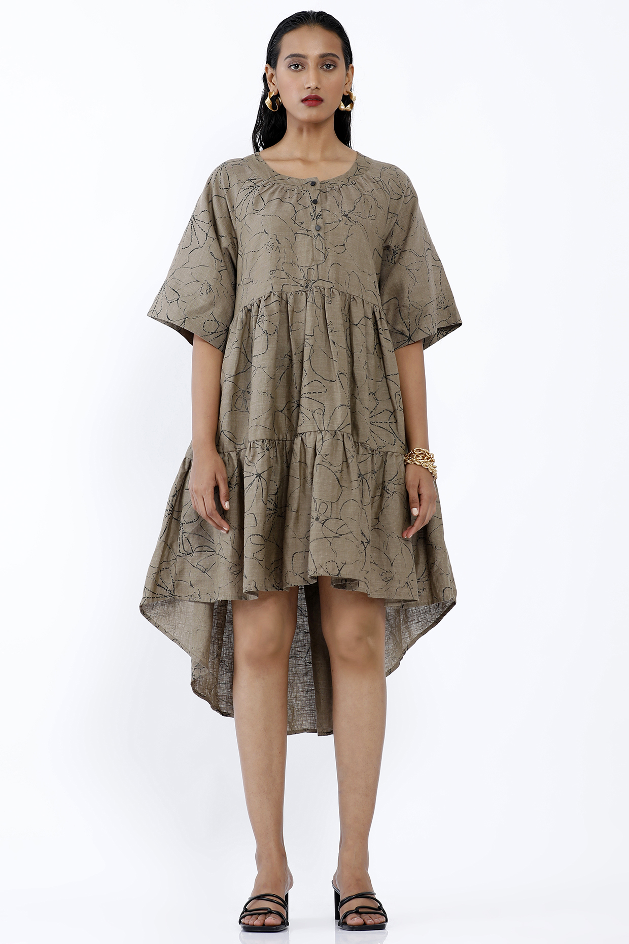 Khaki Printed Tiered High-Low Dress by SNOB