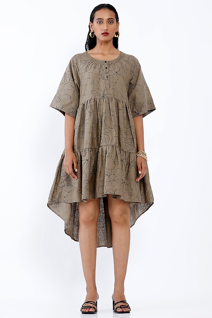 Khaki Printed Tiered High-Low Dress by SNOB