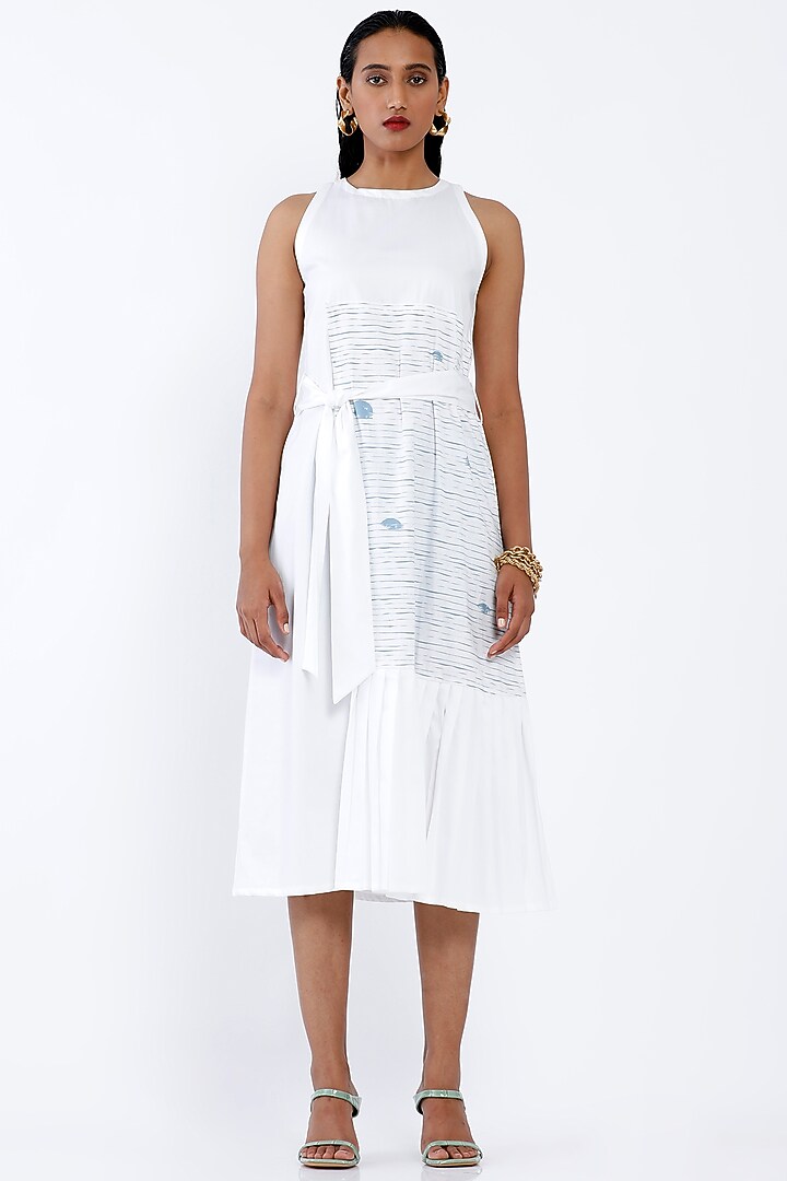 White Printed Pleated Summer Dress With Tie-Up Belt by SNOB at Pernia's Pop Up Shop