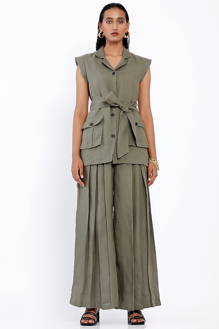 Catalina Green Linen Wide-Leg Pants by SNOB at Pernia's Pop Up Shop