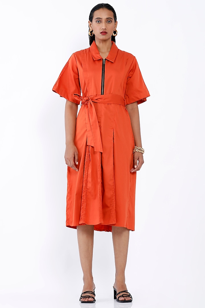 Orange Premium Cotton Pleated Dress by SNOB