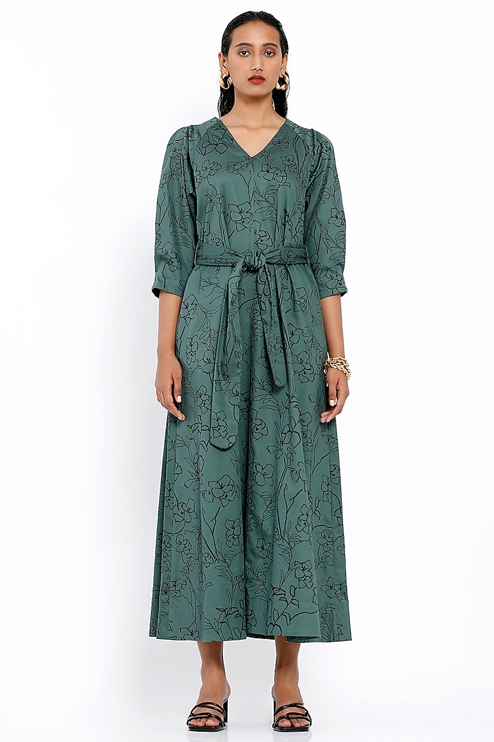 Green Printed Dress With Tie-Up Belt by SNOB