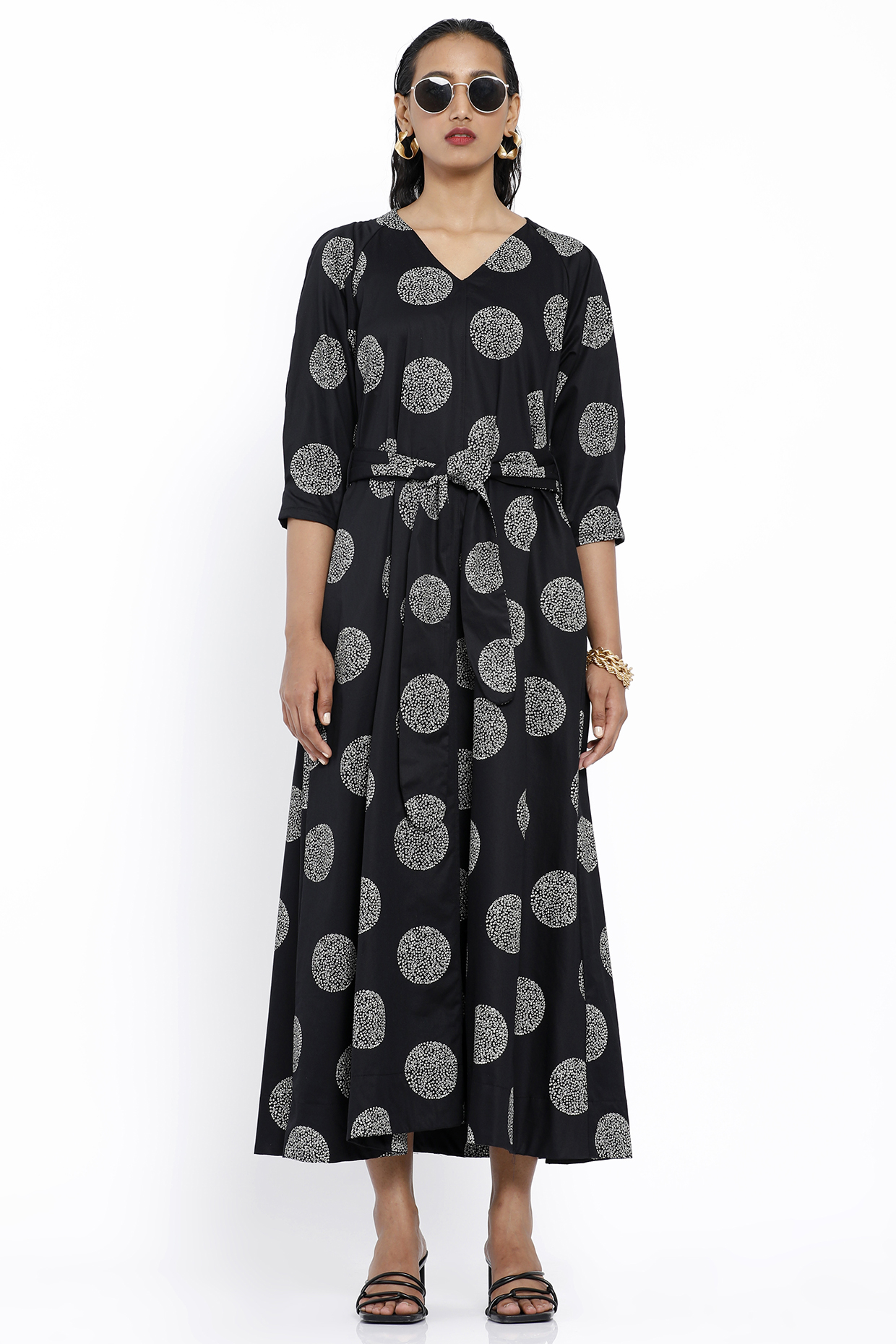 Black Printed Dress With Tie-Up Belt by SNOB