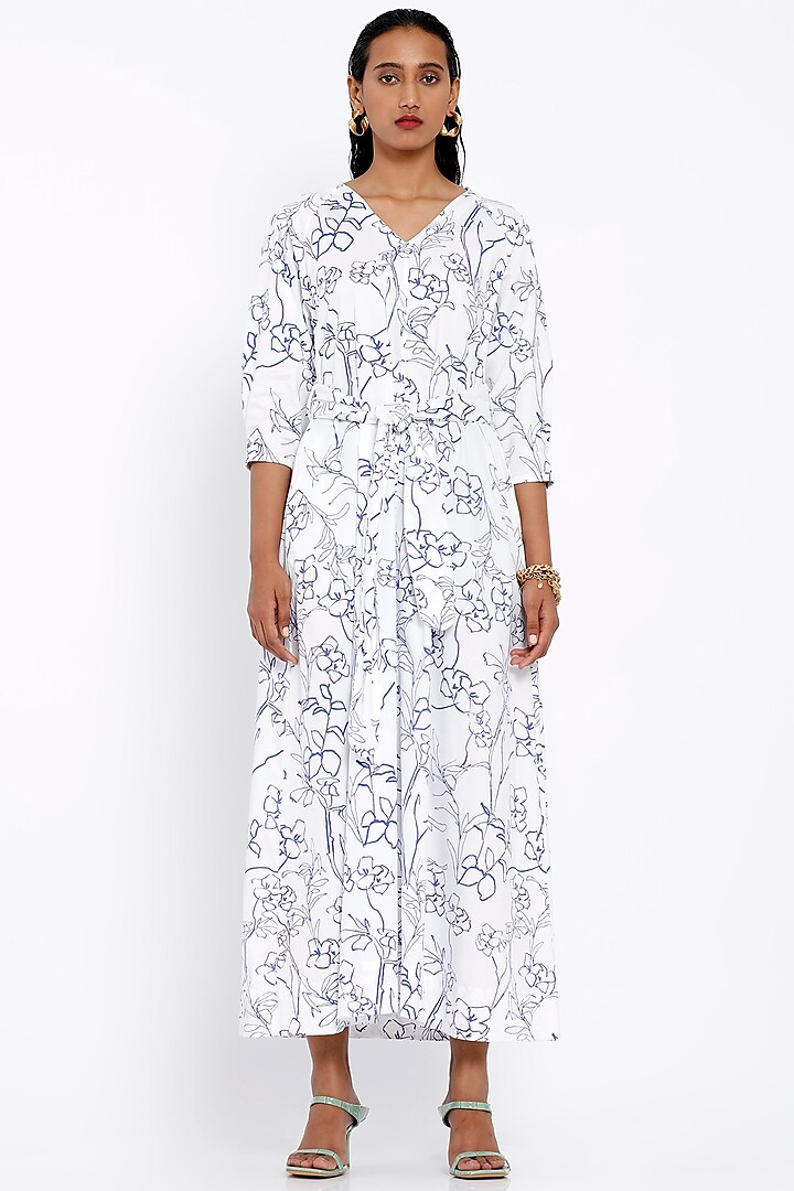 White Printed Dress With Tie-Up Belt by SNOB