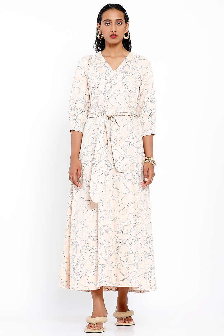 Peach Printed Dress With Tie-Up Belt by SNOB