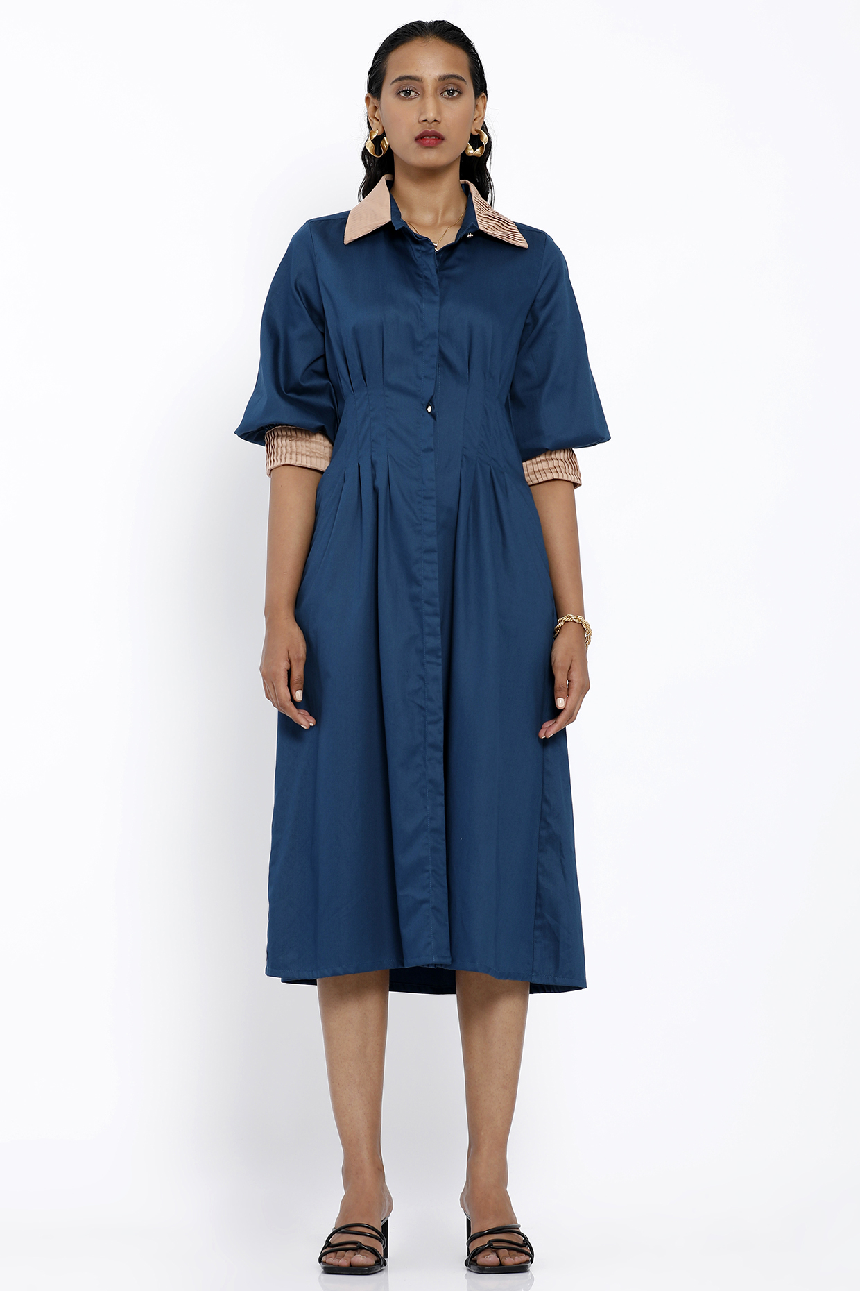 Dark Blue Cotton Pleated Dress by SNOB