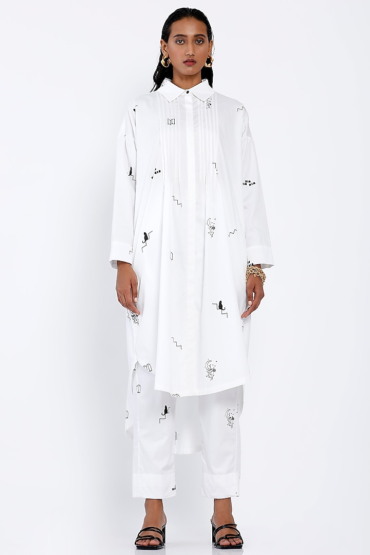 White Printed Pintuck Tunic by SNOB