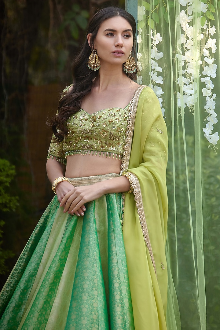 Green Brocade Zardosi Embroidered Wedding Lehenga Set by Shyam Narayan Prasad at Pernia's Pop Up Shop